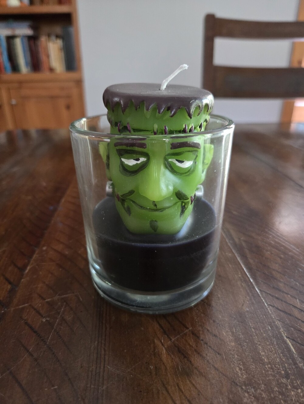🎈2/$15 Green Frankenstein Head Candle in Glass Votive